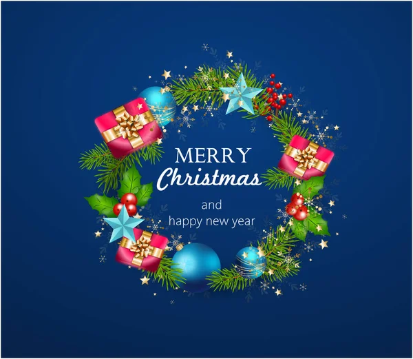 Illustratie Van Kerstkaart Met Kerstcirkel Decoratie Met Blauwe Achtergrond — Stockfoto