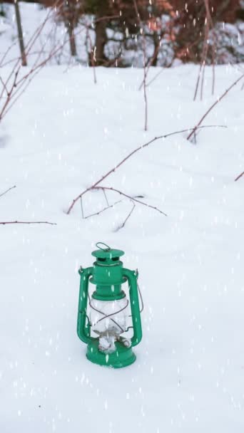 Cinemagraph Green Lantern Standing Outdoors Snow — Stock Video