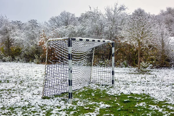 Soccer field and goal covered with snow on overcast day