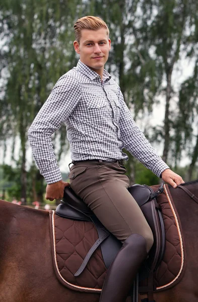 Stilig Ung Man Rider Brun Häst Landet — Stockfoto