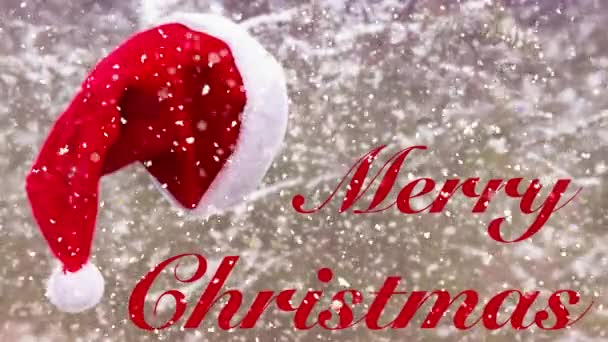 Santa Hatt Hängande Ett Träd Och Orden God Jul Snön — Stockvideo