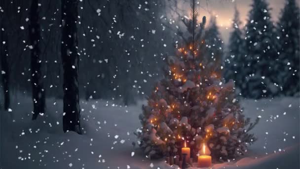 Julgran Med Ljus Mitt Skogen Snön — Stockvideo