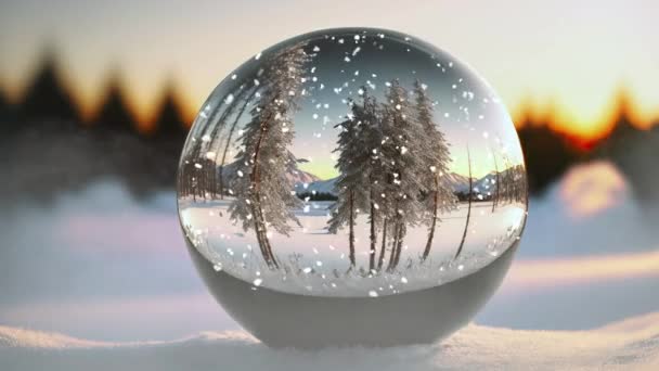 Sneeuwbol Een Besneeuwd Landschap Met Sneeuw Bomen — Stockvideo