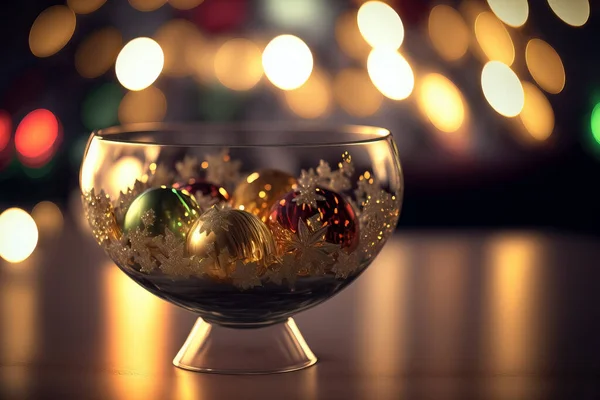 玻璃碗特写 背景为圣诞装饰品和Bokeh 图库图片