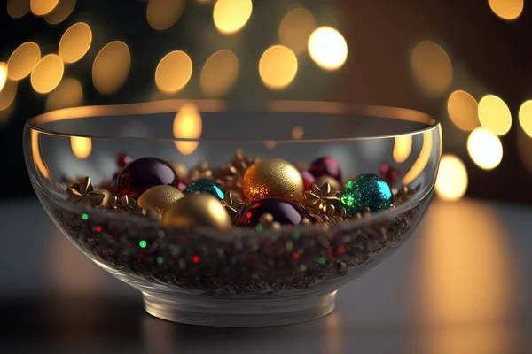 Nahaufnahme Einer Glasschale Mit Weihnachtsdekoration Und Bokeh Hintergrund Stockbild