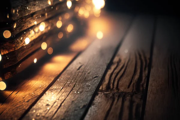 Close Wooden Plank Bokeh Lights Stock Picture