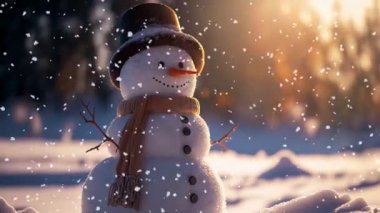 Kardan adam karda ve karlı havada duruyor.