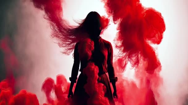 赤い煙に覆われた女性の影の映画館 — ストック動画