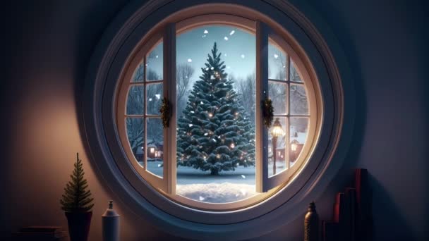 Vista Através Janela Para Uma Árvore Natal Neve — Vídeo de Stock