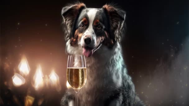 Κινηματογράφος Από Σκύλο Ένα Ποτήρι Σαμπάνια Μπροστά Από Τζάκι — Αρχείο Βίντεο
