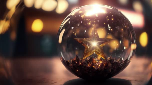 Esfera Vidro Com Estrela Dourada Lado Brilho — Vídeo de Stock