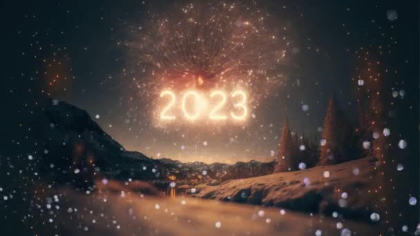 Cinemagraph Van Nummers 2023 Met Vuurwerk Winterlandschap — Stockvideo
