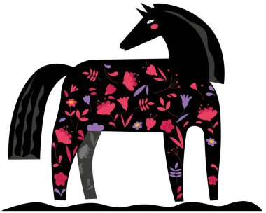 Beyaz arka planda çiçeklerle süslenmiş bir atın stilize edilmiş çizimi
