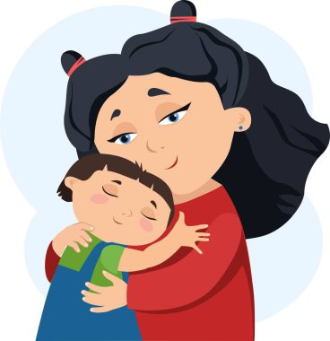 Bir anne oğluna sarılır. Vektör