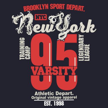 Tişört pulu grafiği, New York Sport tipografi amblemi, eski paten tişört baskısı, atletik giysi grafikleri. vektör