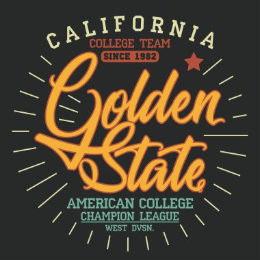 Golden State print. Athletics typography stamp, California t-shirt vector emblem graphics, vintage sport wear, tee apparel design