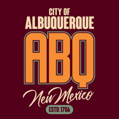 T-shirt vector emblem. Athletics typography stamp, Albuquerque, New Mexico graphic print, vintage sport wear, tee apparel design clipart