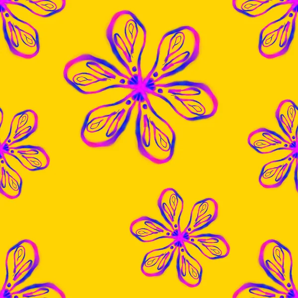 Pszichedelikus Varrat Nélküli Minta Illusztrációja Egy Virágos Neon Kék Sárga — Stock Fotó