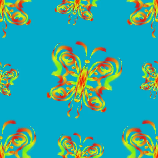 Ilustración Patrón Sin Costura Psicodélica Fondo Azul Turquesa Mariposa Color —  Fotos de Stock
