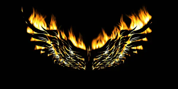 Vlammende Engel Vleugel Geïsoleerd Zwarte Achtergrond Stockfoto