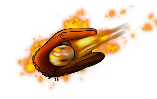 Beyzbol maçında ateşli arka plan renkleriyle hızlı bir top yakalamak, spor için güç, hız, heyecan ve tutku gösterisi