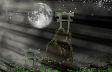 Kadim taş torii kapısı, arka planda dolunay olan bir ormandaki bir tepenin üzerinde duruyor.