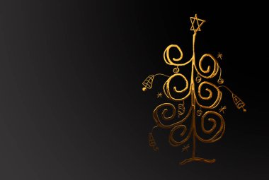 Süslü altın Noel ağacı resmi ve siyah arka planda noel tatilini kutlayan bir yıldız.