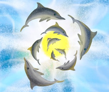 Sekiz yunus zarif bir şekilde güneşin altında yüzerek doğal ortamlarında uyum ve huzur yayıyorlar. Deniz yaban hayatının güzelliğini yansıtan çarpıcı bir görüntü.