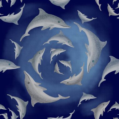 Playful dolphins swim in a mesmerizing circle, creating a calming and hypnotic pattern in the blue waters clipart