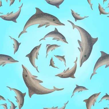 Playful dolphins swim in a mesmerizing circle, creating a calming and hypnotic pattern in the blue waters clipart