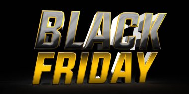 Parlak altın ve gümüş rengi Kara Cuma 3D metin karanlık bir arkaplanda gölgeler bırakıyor