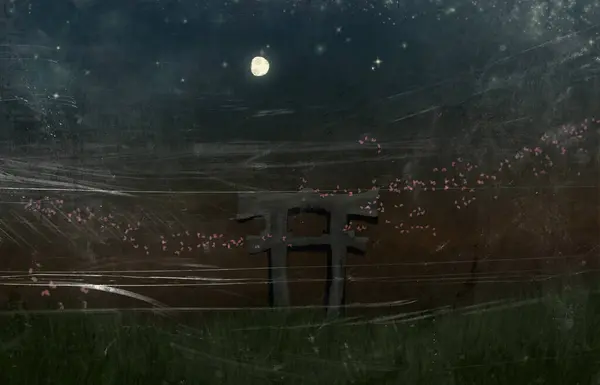 Japon peyzajı geceleri uçan kuşların ve rüzgarda uçuşan pembe yaprakların Torii kapısını gösteriyor.
