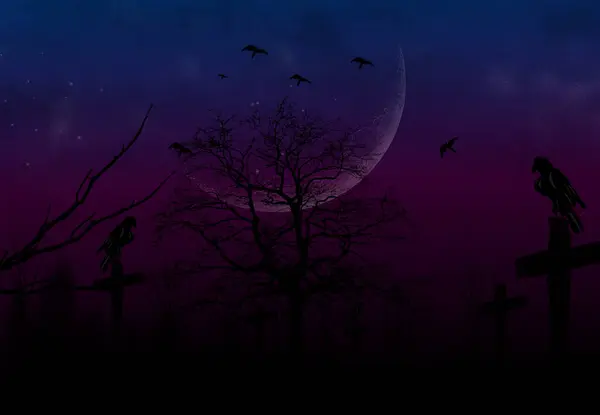 Kuzgunlar gece yarısı arka planda büyük ay ve mor gökyüzü ile ürkütücü mezarlığın üzerinde uçuyor.
