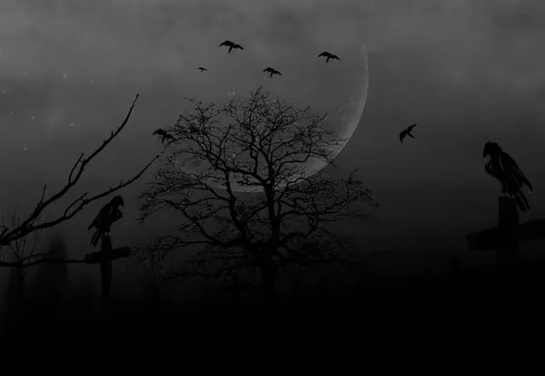 Kuzgunlar gece yarısı arka planda büyük ay ve mor gökyüzü ile ürkütücü mezarlığın üzerinde uçuyor.