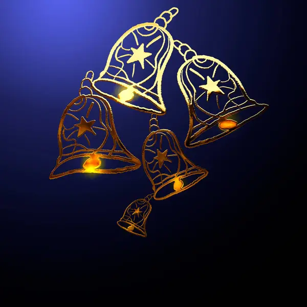 Beş altın Noel çanı siyah bir arka planda asılı ve parlıyor.