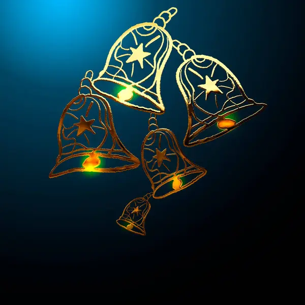 Beş altın Noel çanı siyah bir arka planda asılı ve parlıyor.