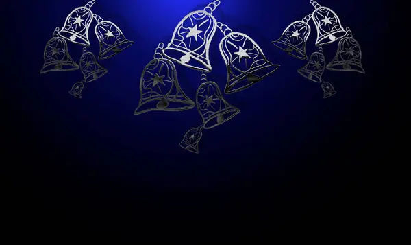 Beş altın Noel çanı siyah bir arka planda asılı ve parlıyor.