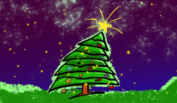 Yıldızlı bir gecenin önünde duran süslü bir Noel ağacının çocuk çizimi.
