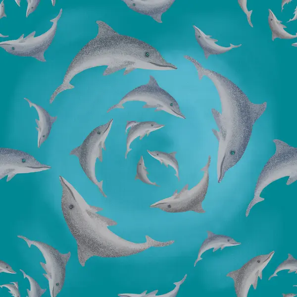 Oyuncu yunuslar büyüleyici bir çember içinde yüzerek mavi sularda sakinleştirici ve hipnotik bir şablon oluştururlar.