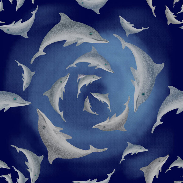 Playful dolphins swim in a mesmerizing circle, creating a calming and hypnotic pattern in the blue waters