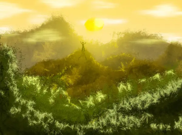 Bir adam kollarını bir dağın tepesinde kaldırır ve güneş şık bir resimde parlar.