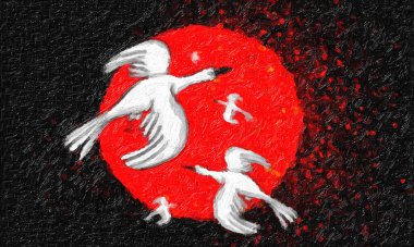 Illustration of white birds flying in front of a red sun with a painted texture and black background clipart