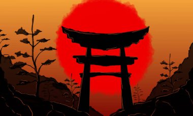 Japon Torii kapısı gün batımında bir dağ geçidinde duruyor arkasında büyük kırmızı bir güneş var.