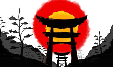 Japon Torii kapısı gün batımında bir dağ geçidinde duruyor arkasında büyük kırmızı bir güneş var.