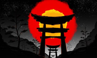 Japon Torii kapısı gün batımında bir dağ geçidinde duruyor arkasında büyük kırmızı bir güneş var.