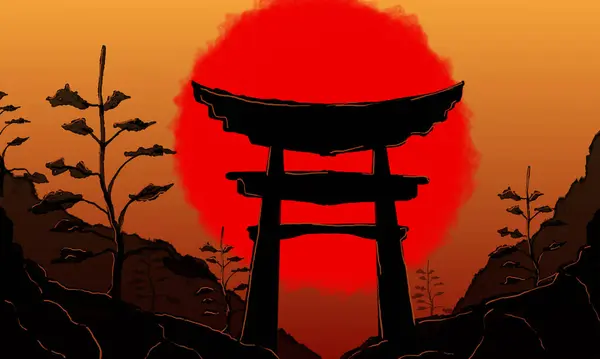 Japon Torii kapısı gün batımında bir dağ geçidinde duruyor arkasında büyük kırmızı bir güneş var.