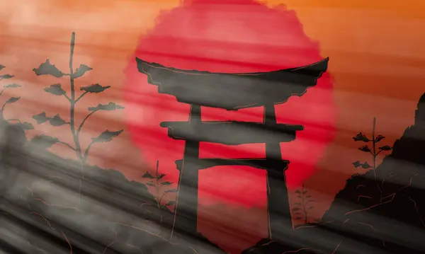 Japon Torii kapısı gün batımında bir dağ geçidinde duruyor arkasında büyük kırmızı bir güneş var.