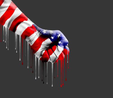 Clenched fist painted with american flag with paint dripping on dark blue background clipart