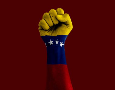 Venezuela bayrağıyla boyanmış yumruk bir güç göstergesi ya da protesto işareti olarak kenetlenmiştir.