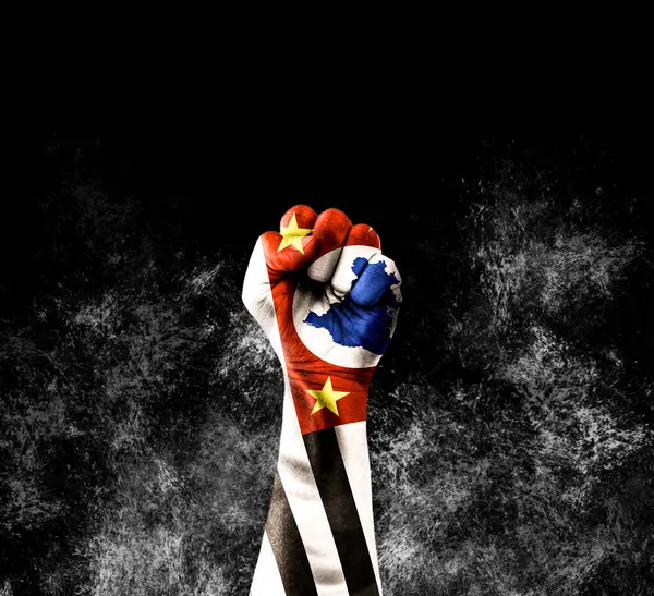 Siyah dumanlı arka planda Maranhao eyaletinin bayrağıyla boyanmış parmaklarıyla kaldırılmış yumruk.